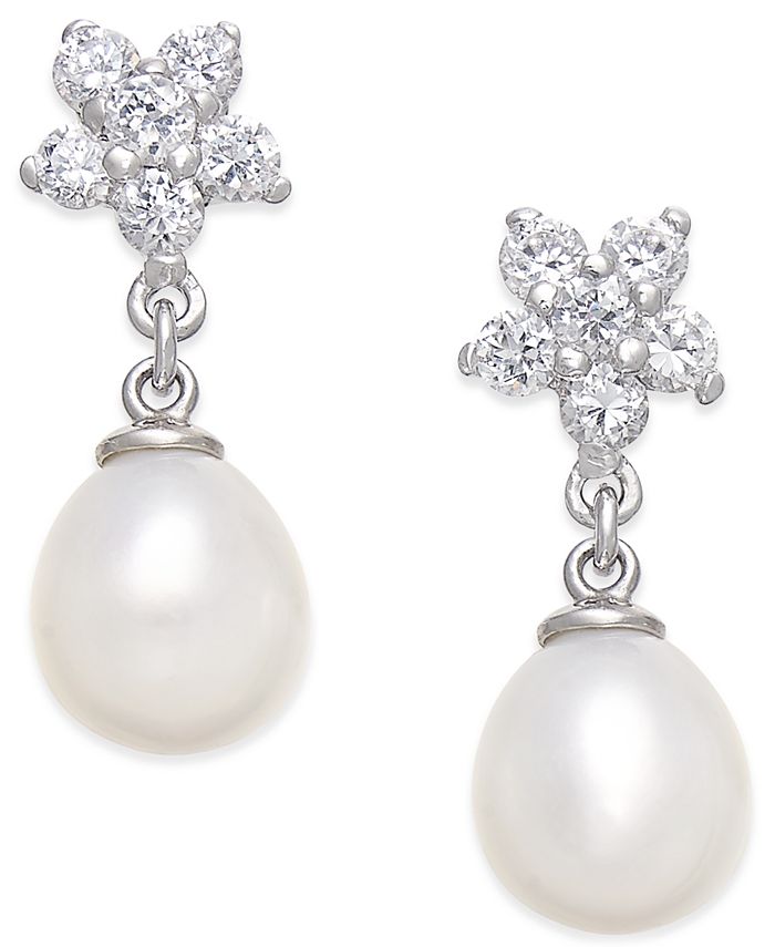 Macy's Cultured Freshwater Pearl (7x9mm) and Cubic Zirconia Flower Top ...