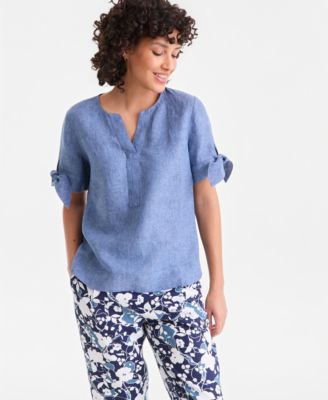 Топ Charter Club Petite из 100% льна с разрезным вырезом и завязывающимися рукавами, созданный для Macy's blue
