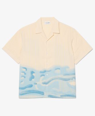 Мужская рубашка свободного кроя в полоску из крокодиловой кожи от Lacoste коричнево-бежевого цвета