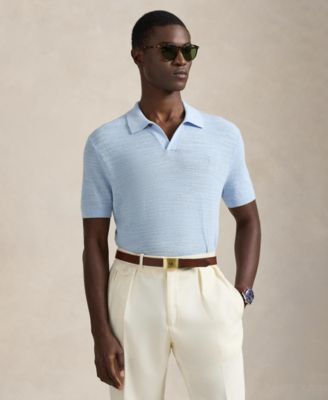 Мужской текстурированный свитер-поло Polo Ralph Lauren с коротким рукавом синего цвета