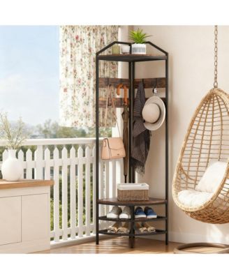 RAINSKEN Corner Hall Tree - Промышленная 4-ярусная вешалка для одежды с открытыми полками, подвижными крючками и стальной рамой для прихожей, гостиной