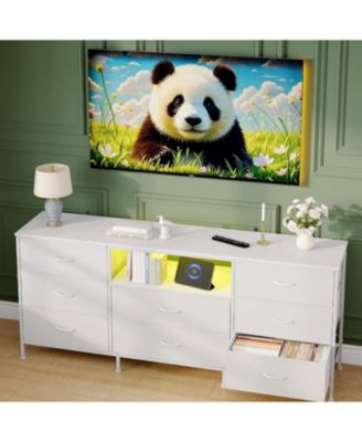 тумба gaomon TV Stand для телевизора с диагональю 45-65 дюймов, Развлекательный центр со светодиодной подсветкой, 8 тканевых выдвижных ящиков, Шкаф для хранения на металлическом каркасе белого цвета