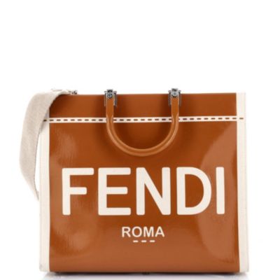 Бывшая в употреблении большая сумка-шоппер Fendi Sunshine Shopper Tote лакированного коричневого /бежевого цвета