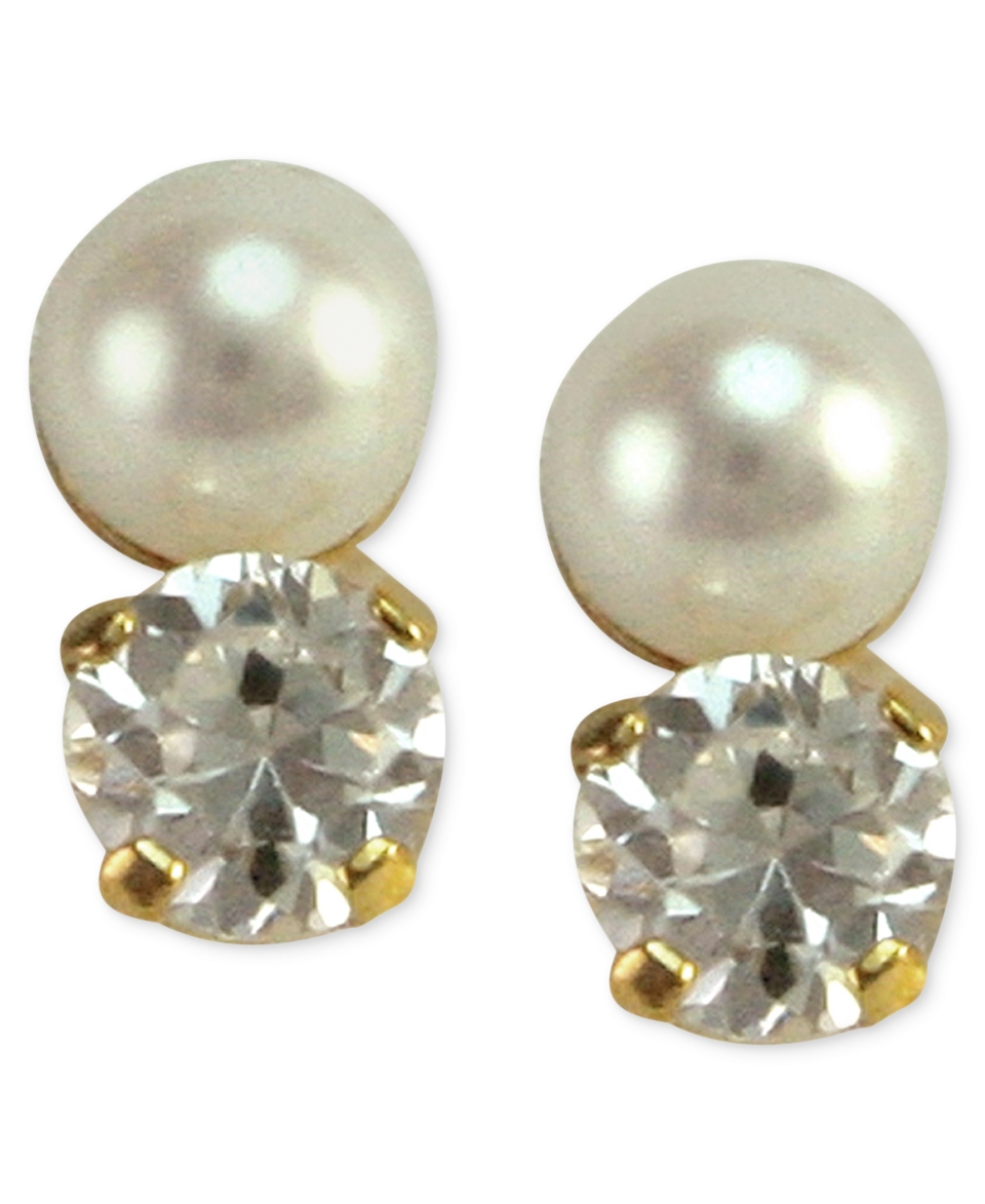 Childrens 14k Gold Earrings, Cultured Freshwater Pearl and Cubic