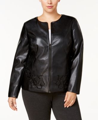 plus size embroidered leather jacket