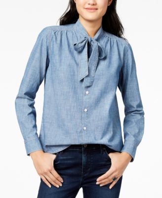 tie neck denim shirt
