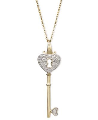 Diamond Heart Lock Key Pendant Necklace 