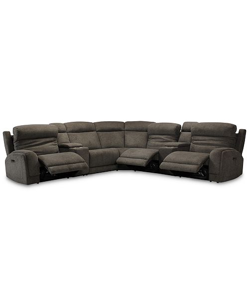Furniture Closeout Winterton 7 Pc Fabric Sectional Sofa With 3 Power Recliners Power Headrests Lumbar 2 Consoles And Usb Power Outlet Reviews Furniture Macy S