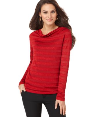 Jones New York New Red Long Sleeve Drape Neck Striped Pullover Sweater 