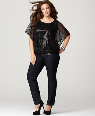 Style&co. Plus Size Short Sleeve Sequined Top & Butt Lifter Slim Leg ...