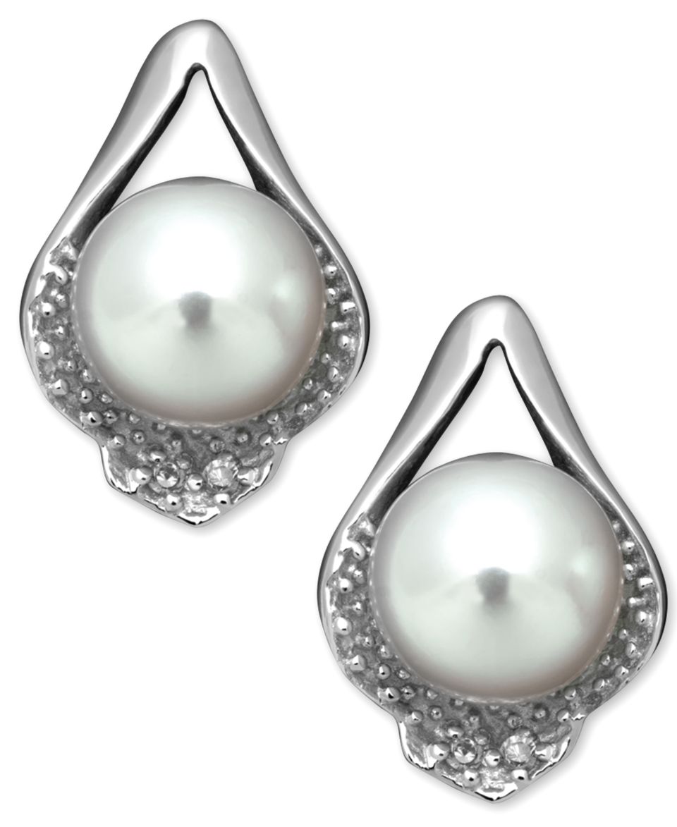 Sterling Silver Earrings, Cultured Freshwater Pearl and Diamond Accent