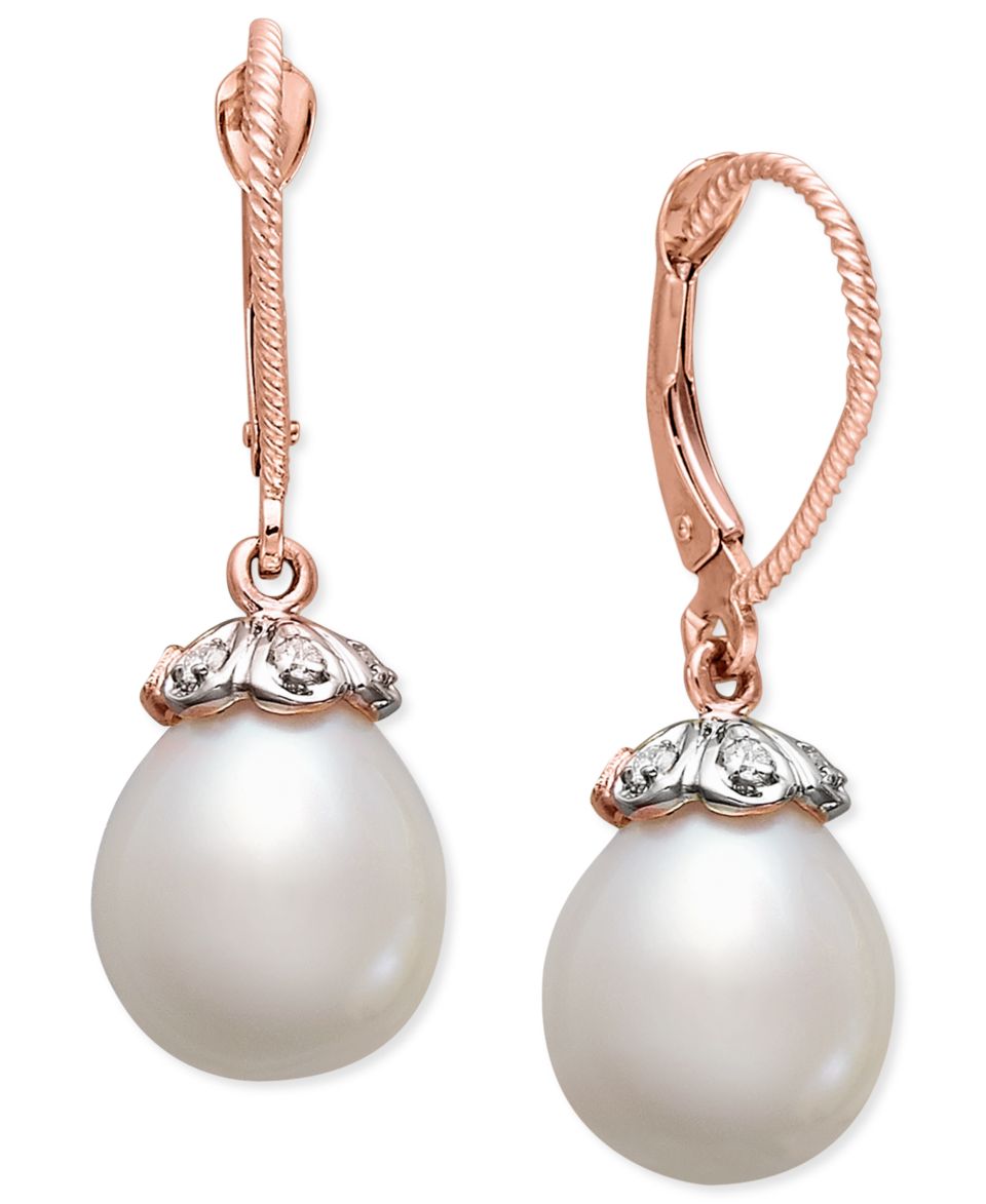 14k Rose Gold Earrings, Cultured Freshwater Pearl and Diamond Accent