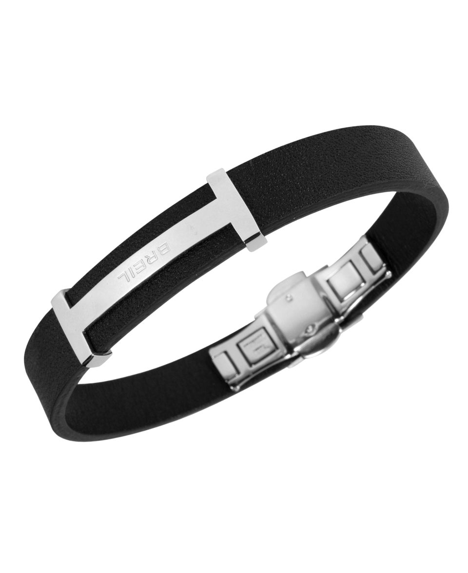 Breil Mens Bracelet, Stainless Steel and Black Leather Bracelet