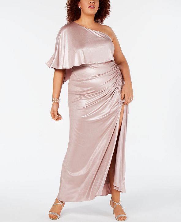 Adrianna Papell Plus Size One-Shoulder Metallic Gown