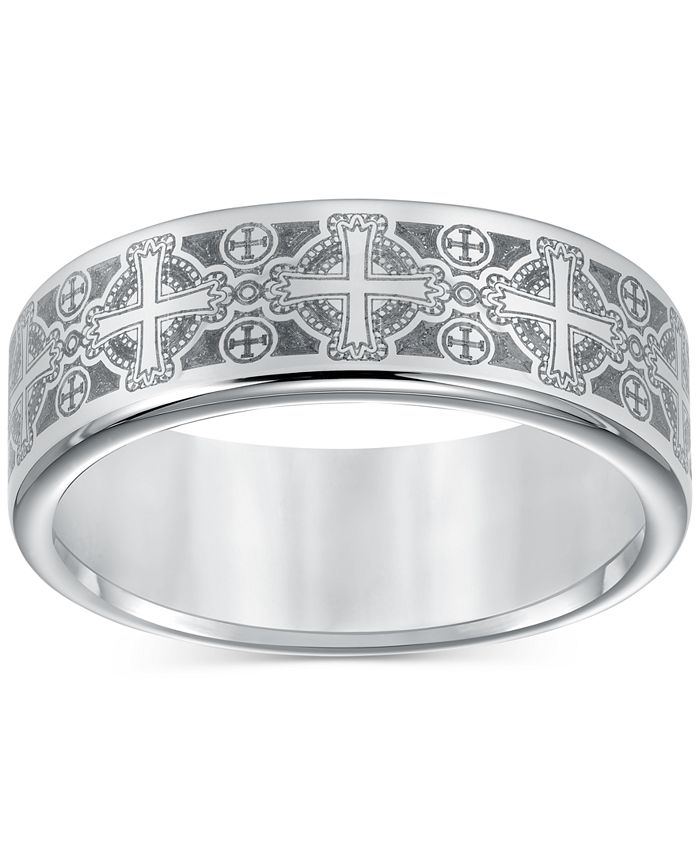 Triton Men's Tungsten Carbide Ring, Comfort Fit Etched Cross Wedding