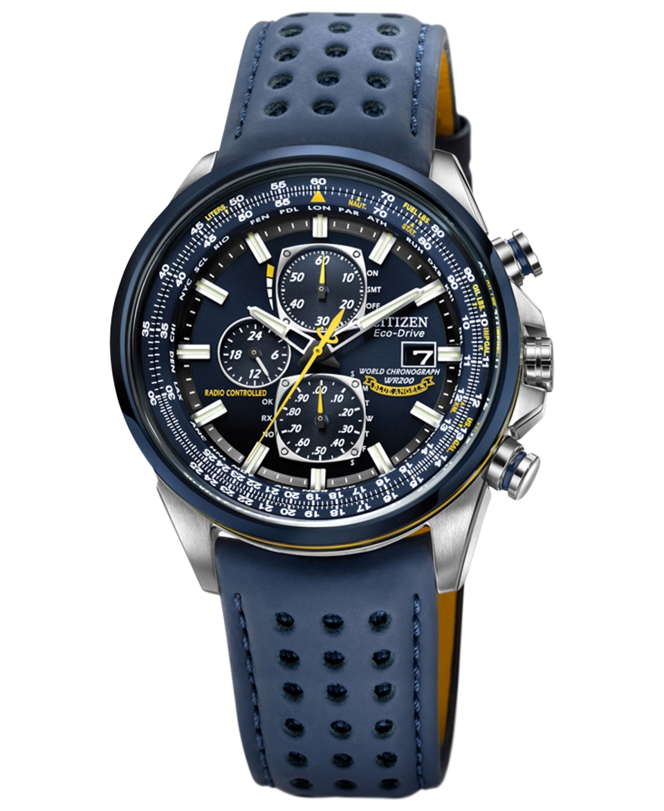 Citizen Mens Eco Drive Blue Angels World Chronograph A T Blue Perforated Leather Strap Watch 43mm AT8020 03L   Watches   Jewelry & Watches