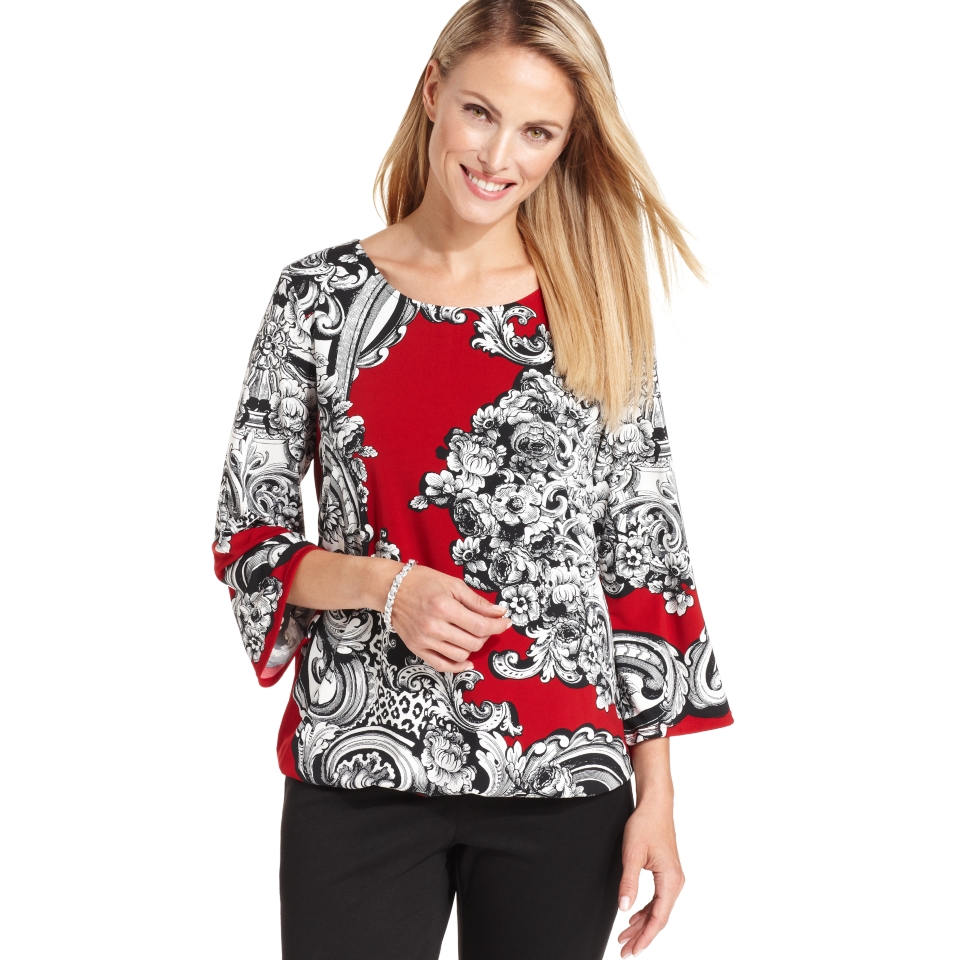 Alfani Petite Three Quarter Sleeve Printed Top & Pleated Pencil Skirt