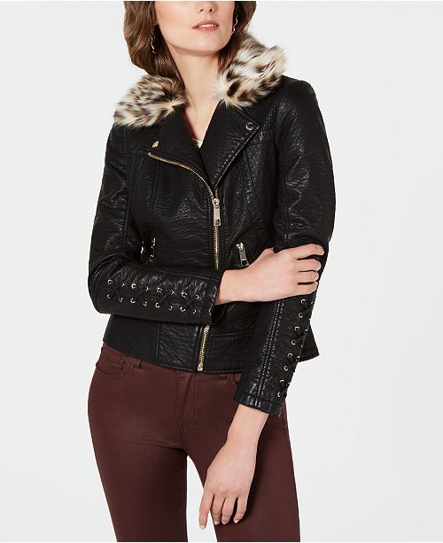 Guess Faux Leather Moto Jacket With Leopard Print Faux Fur Collar Reviews Coats Women Macy S