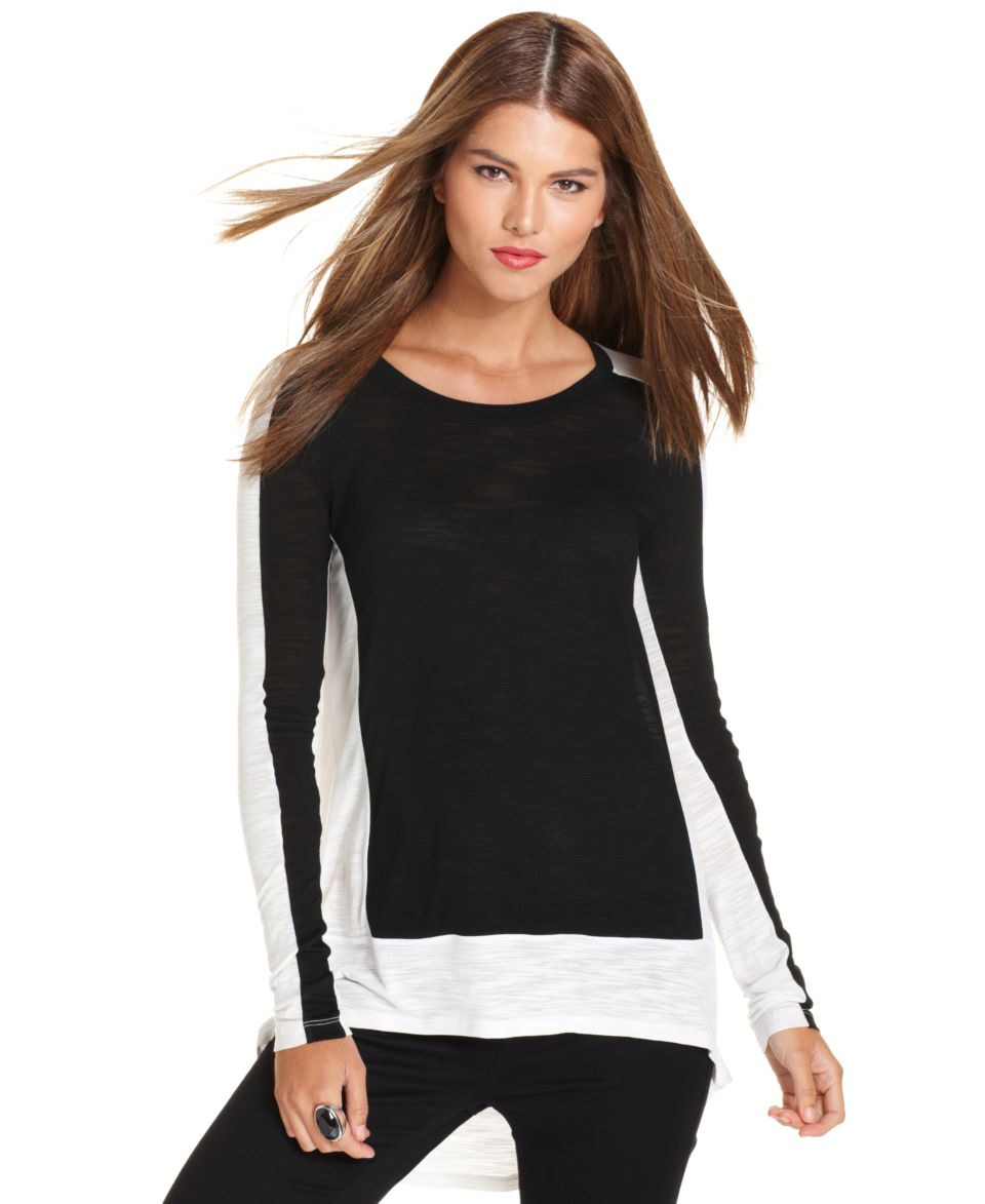 BCBGMAXAZRIA Top, Long Sleeve Scoop Neck Colorblocked