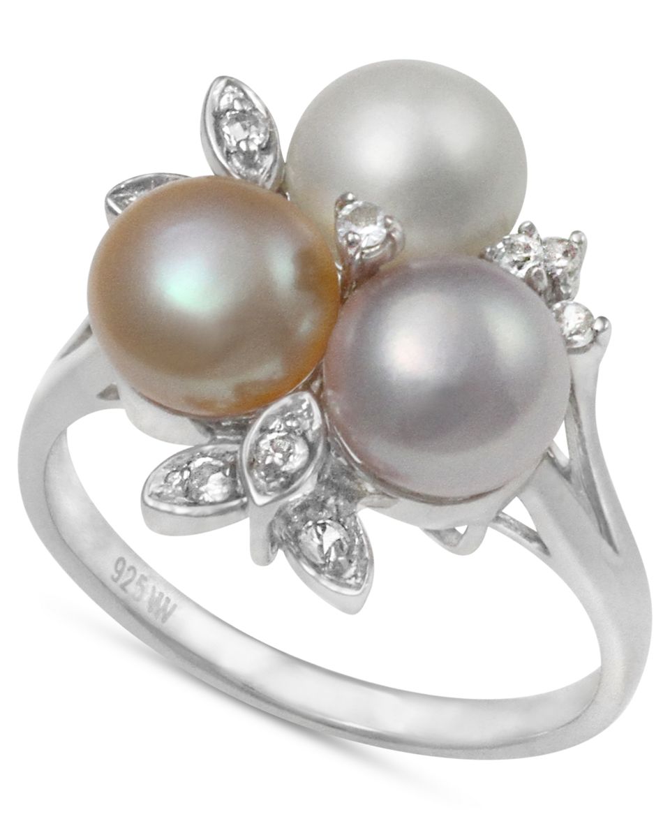 Multicolored Cultured Freshwater Pearl (7mm) and White Topaz (1/6 ct. t.w.) Ring in Sterling Silver   Rings   Jewelry & Watches