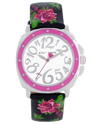 Betsey Johnson Watch, Women's Floral Printed Black Leather Strap 38mm ...