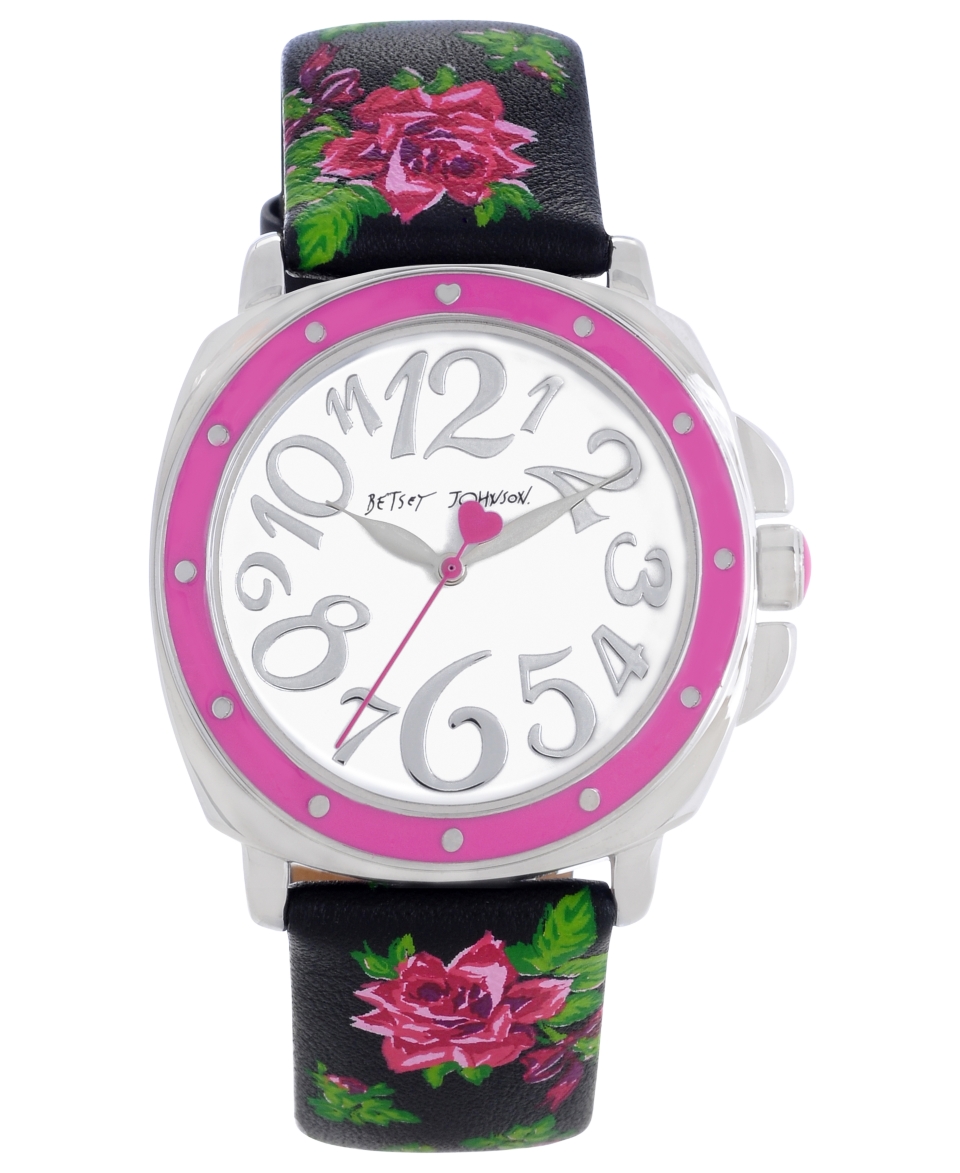 Watch, Womens Floral Printed Black Leather Strap 38mm BJ00044 16
