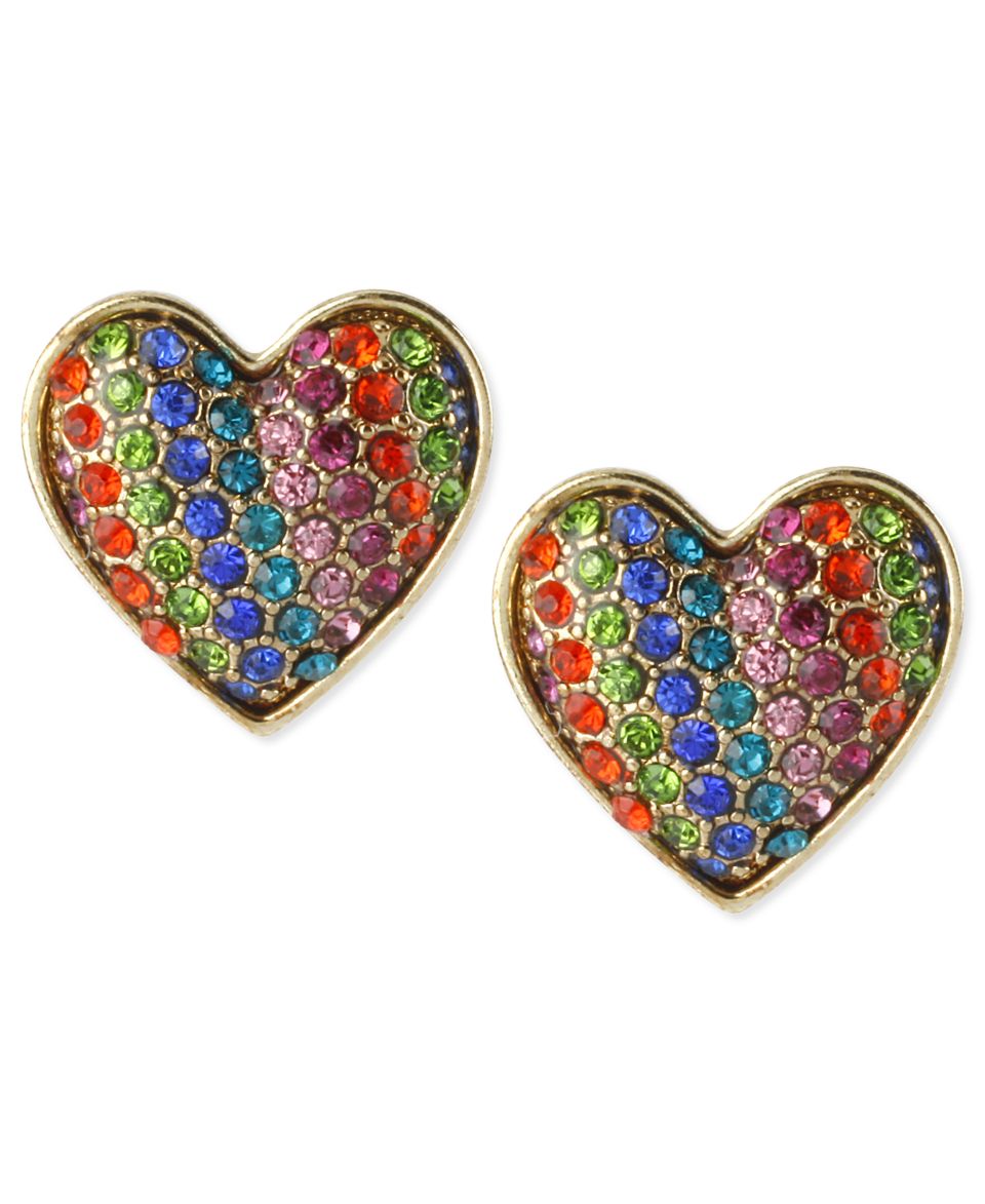 Betsey Johnson Earrings, Gold Tone Glass Crystal Rainbow Heart Stud