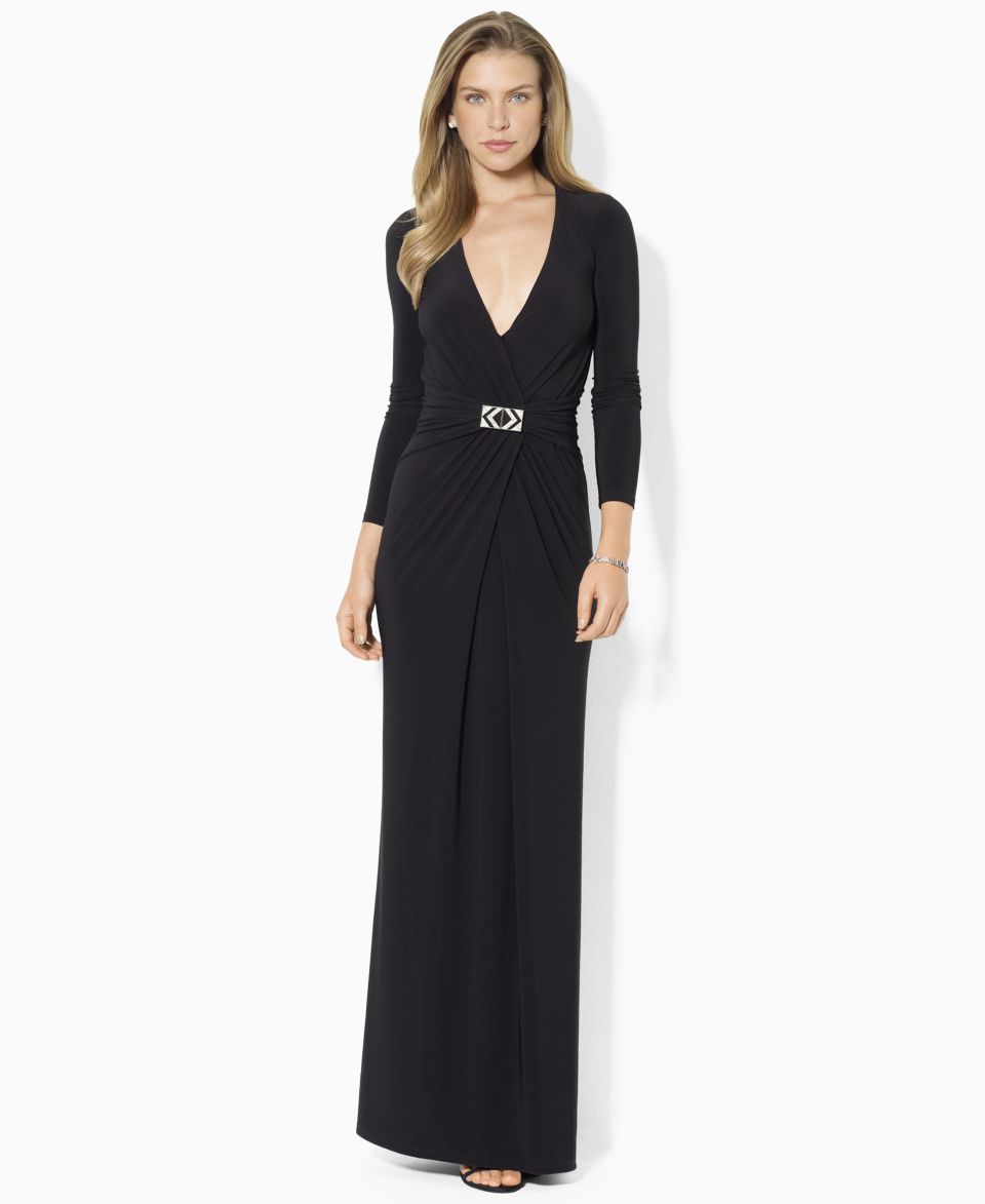 Lauren Ralph Lauren Dress, Long Sleeve Faux Wrap Gown