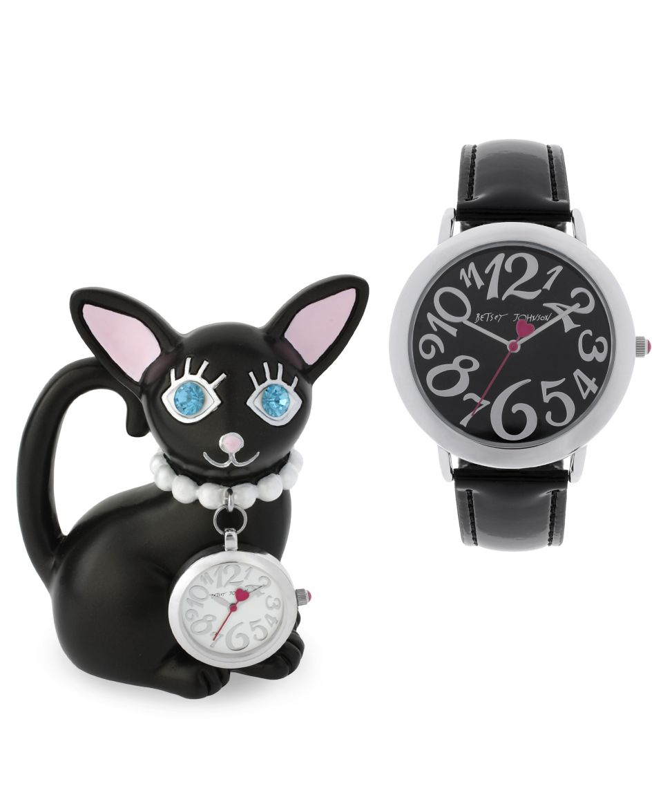 Betsey Johnson Watch and Clock Set, Womens Black Patent Leather Strap