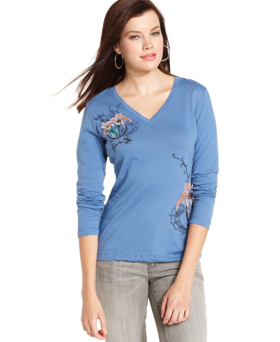 Seven7 Petite Top, Long Sleeve Status Print Tee   Womens Petite Tops