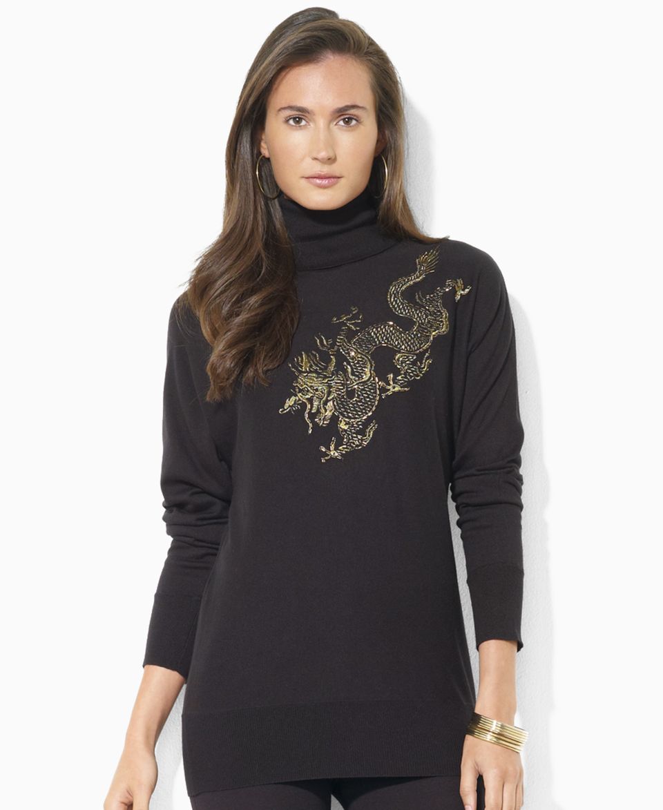 Lauren Ralph Lauren Petite Sweater, Dolman Sleeve Beaded Dragon Motif Turtleneck   Sweaters   Women