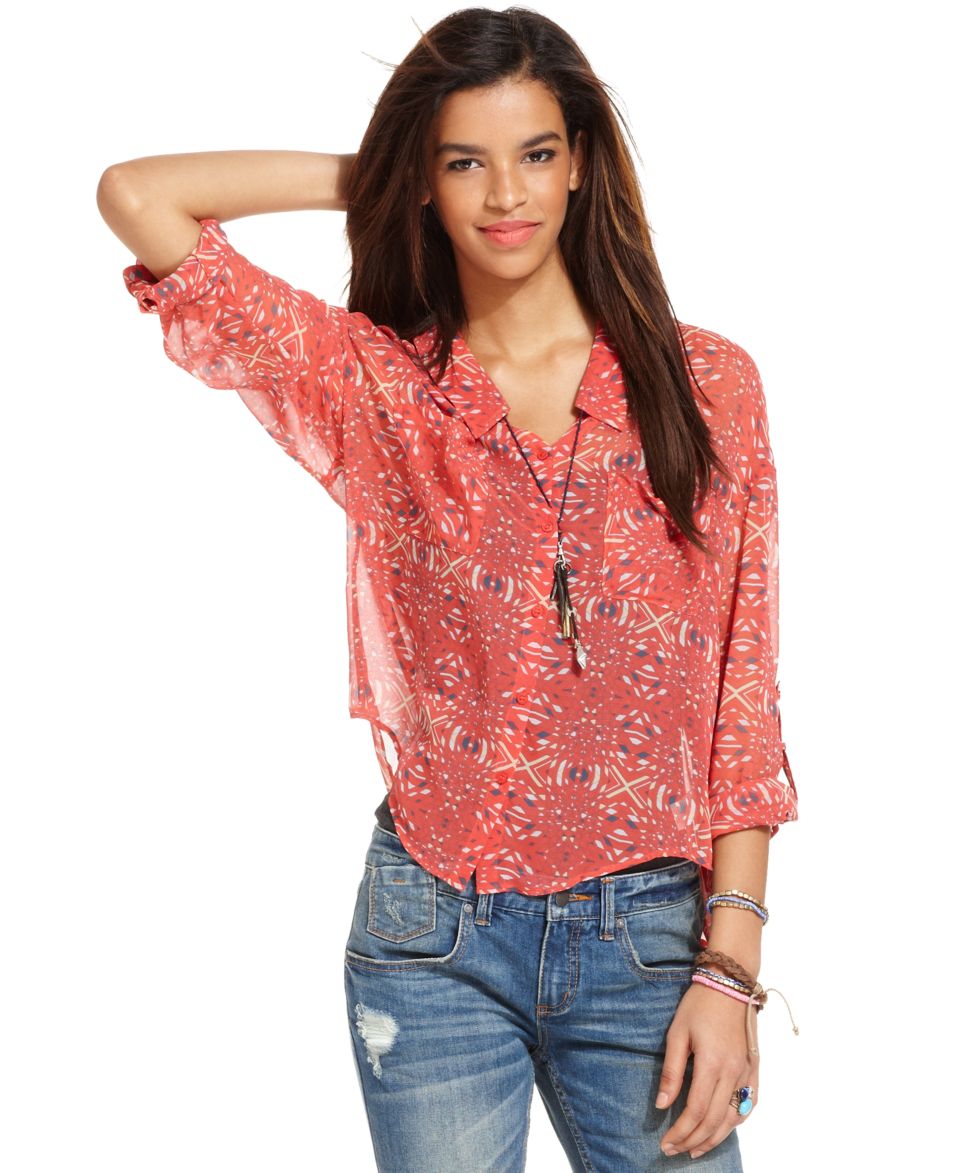 Free People Long Sleeve Geometric Print Chiffon Blouse & Destroyed