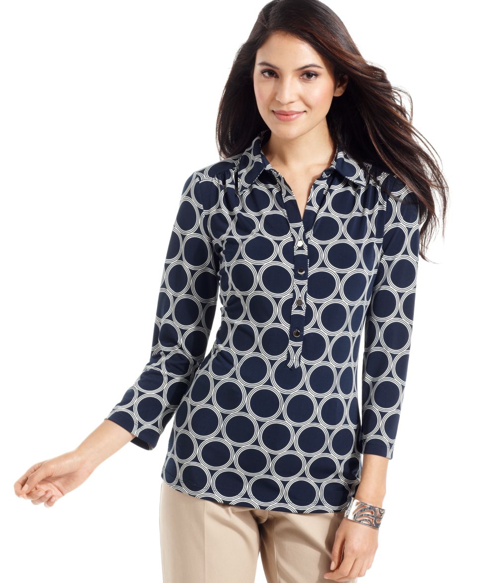 Alfani Petite Top, Three Quarter Sleeve Printed Henley