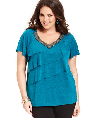 AGB Plus Size Top, Short-Sleeve Tiered Ruffled Beaded - Tops - Plus ...