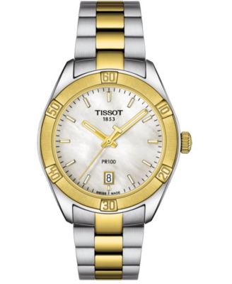 Женские швейцарские часы Tissot PR 100 Sport Chic T-Classic с двухцветным браслетом из нержавеющей стали, 36 мм