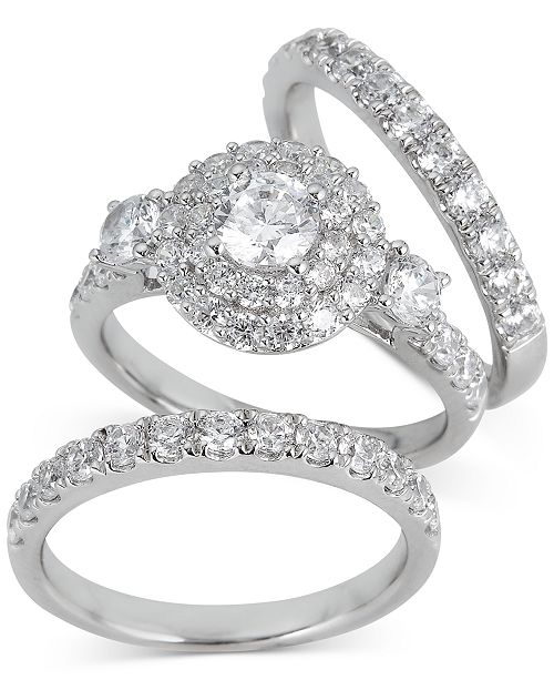 Macy S Diamond Double Halo 3 Pc Bridal Set 3 Ct T W In 14k White Gold Reviews Rings Jewelry Watches Macy S