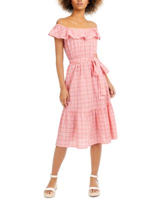 plaid off the shoulder dress