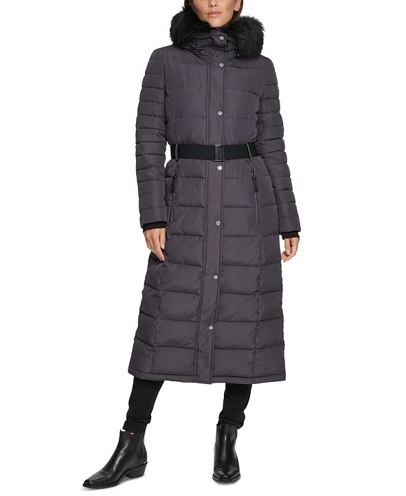 Calvin Klein Belted Faux-Fur-Trim Hooded Maxi Puffer Coat & Reviews ...