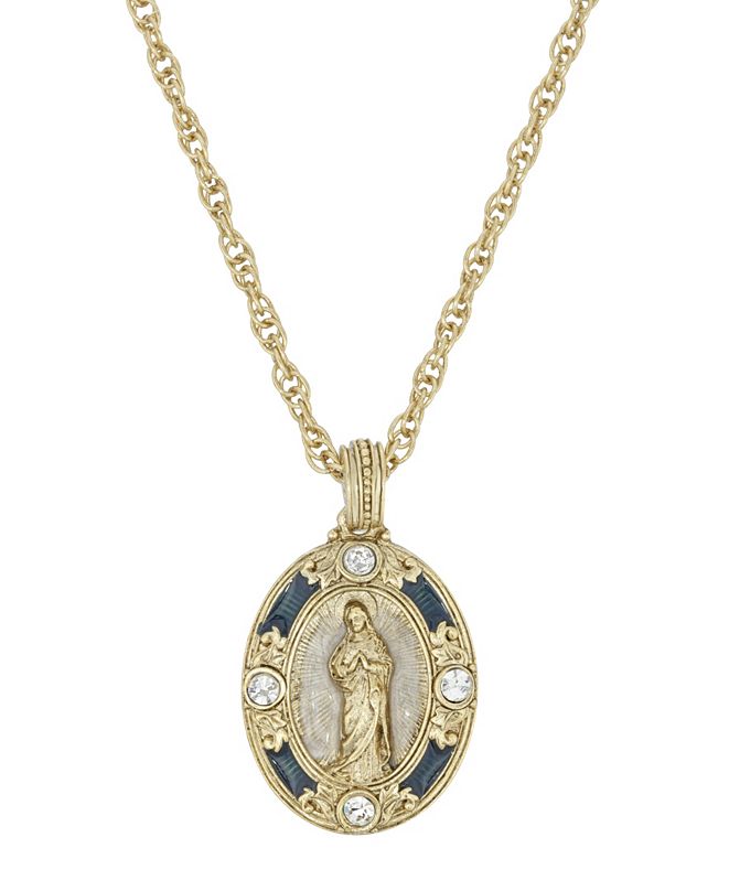 2028 14K GoldDipped Crystal Blue Enamel Virgin Mary Pendant 18