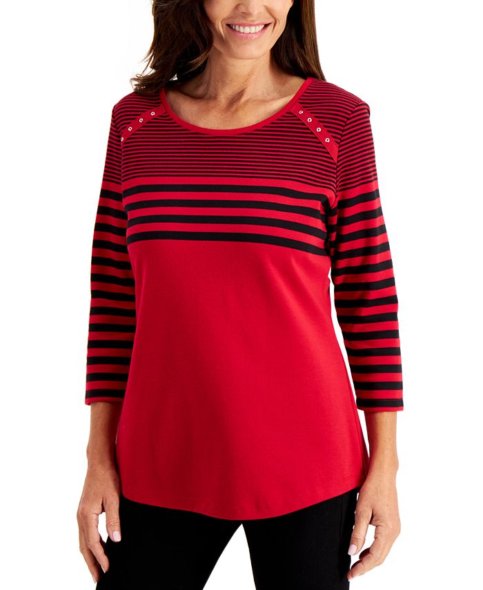 Karen Scott 3/4-Sleeve Striped Rivet-Trim Top, Created for Macy's ...
