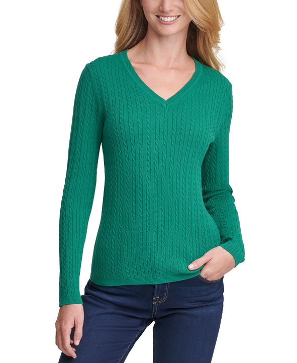 Tommy Hilfiger Ivy Cable V-Neck Sweater, Created for Macy's & Reviews ...