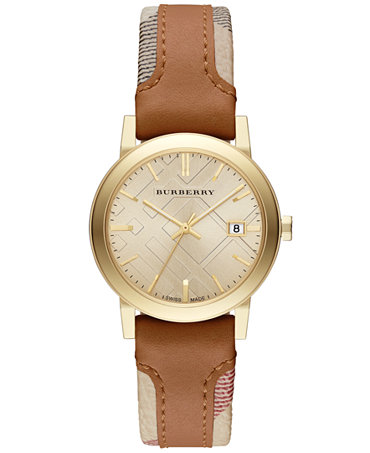 Burberry Watch, Women's Swiss The City Haymarket Check and Tan Leather ...