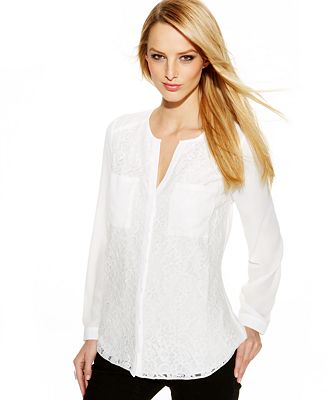 INC International Concepts Collarless Lace Button-Front Shirt - Tops ...