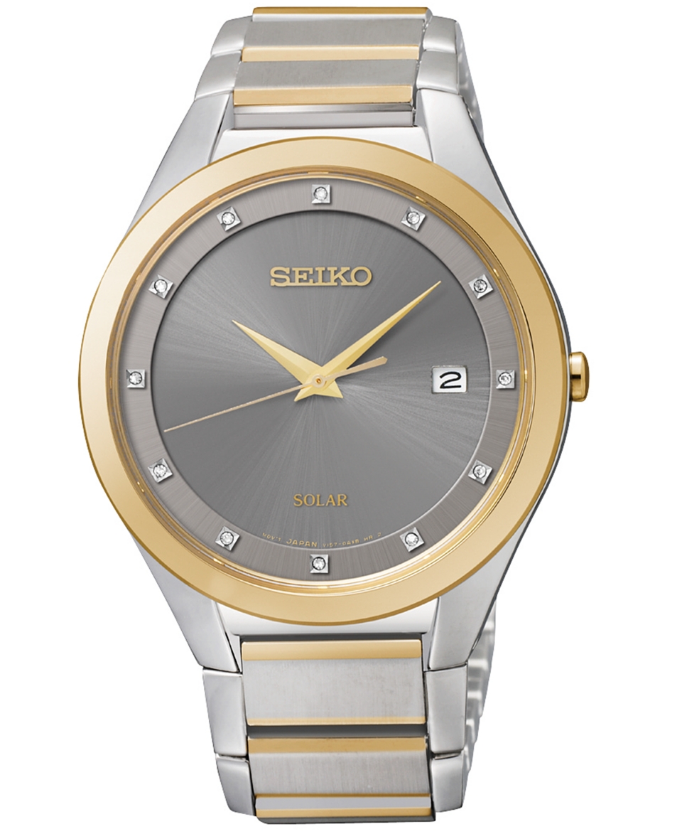 Seiko Mens Solar Diamond Accent Two Tone Stainless Steel Bracelet Watch 39mm SNE344   Only at   Watches   Jewelry & Watches