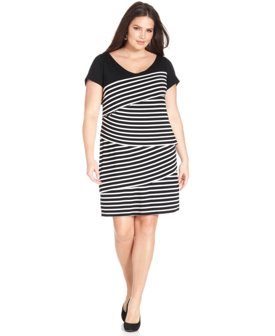 NY Collection Plus Size Short Sleeve Striped Tiered Dress