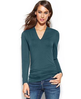 INC International Concepts Long-Sleeve Ruched V-Neck Top - Tops - Women ...
