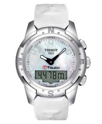 Женские цифровые часы Tissot T-Touch II Titanium Lady с бриллиантами (1/2 карата) на белом кожаном ремешке, 43 мм