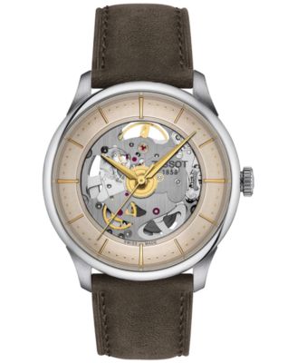 Мужские швейцарские автоматические часы Tissot Chemin Des Tourelles со скелетоном на коричневом кожаном ремешке 39 мм
