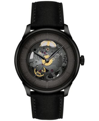 Мужские швейцарские автоматические часы Tissot Chemin Des Tourelles со скелетоном на черном кожаном ремешке 40 мм