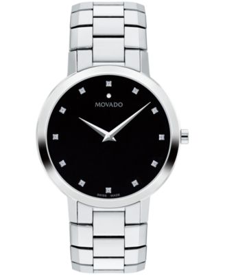 Мужские часы Movado с циферблатом из швейцарского кварца и нержавеющей стали с бриллиантовым акцентом 39 мм